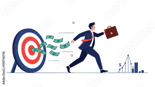 Ambitious businessman running with brown briefcase as green dollar bills fly toward a large red bullseye target.