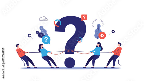 Group of diverse business people engaged in intense tug of war with large dark blue question mark to find answers.