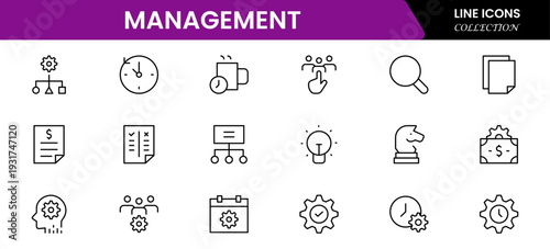 Management icon set. Contains such icons as schedule, human resource, management, development, planning, strategy, and more. Time management and planning concept