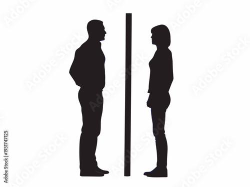 Silhouettes of man and woman standing on opposite sides of a barrier