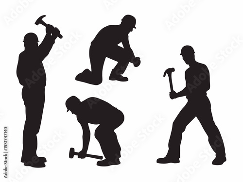 Silhouettes of workers with hammers in various poses