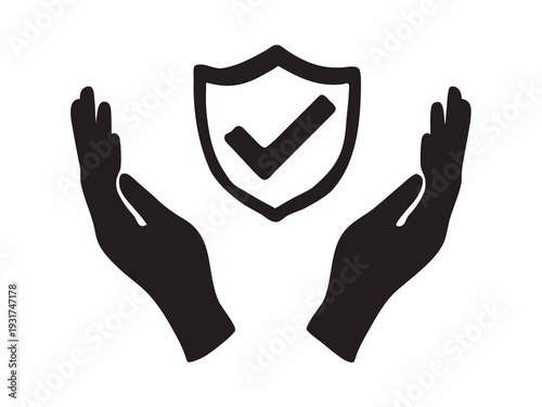Protected and secure hands shielding a shield with a checkmark