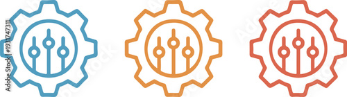 Settings gear and slider icon set in outline style for system controls preferences configuration and user interface design