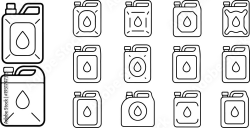 Motor oil container outline icon set with multiple plastic can shapes simple line style for automotive design use