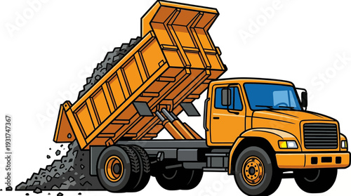 Orange dump truck unloading gravel on white background.