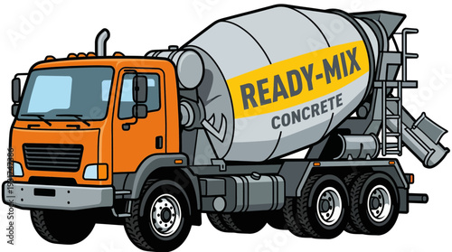 Orange ready-mix concrete truck with rotating drum on the road.