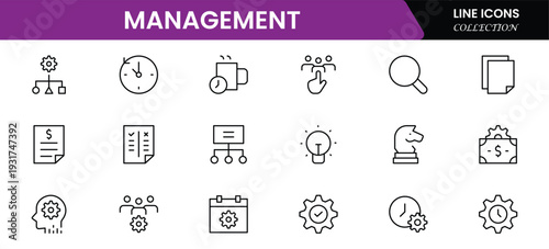 Management icon set. Contains such icons as schedule, human resource, management, development, planning, strategy, and more. Time management and planning concept