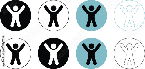 Human figure icon set with raised arms in circular styles for success celebration achievement and user interface design