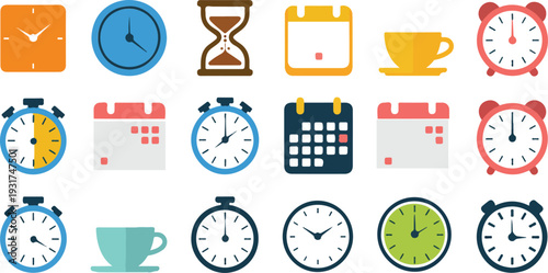 Comprehensive flat design vector icon set for time management featuring wall clocks alarm clocks stopwatches calendars and schedules