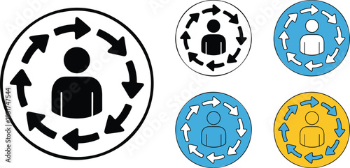 Customer journey process icon set with user avatar and circular arrows representing workflow management business cycle strategy