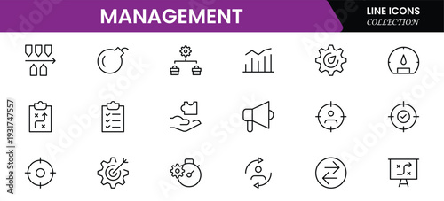 Management icon set. Contains such icons as schedule, human resource, management, development, planning, strategy, and more. Time management and planning concept