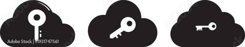 Silhouette of a Disc or Cloud with a Key icon, representing ownership of digital goods. Set of 3 cloud storage security icons vector