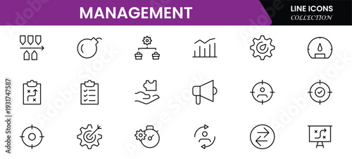 Management icon set. Contains such icons as schedule, human resource, management, development, planning, strategy, and more. Time management and planning concept