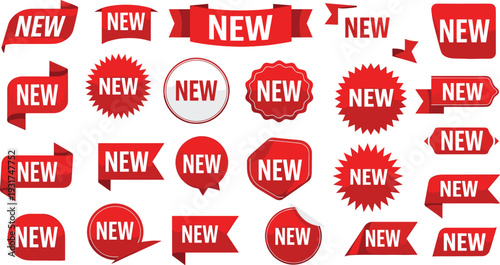 Red New Label Badge and Ribbon Collection with Sale Stickers Promotional Tags and Announcement Banners Vector Set