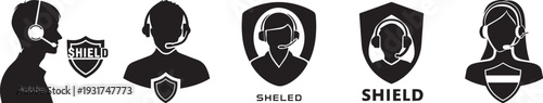Silhouette of a person wearing a headset with a Shield in the background, symbolizing protection and help. Set of 5 security icons vector