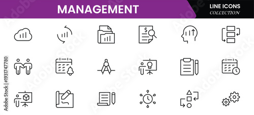 Management icon set. Contains such icons as schedule, human resource, management, development, planning, strategy, and more. Time management and planning concept