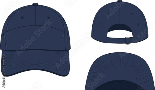 Navy Blue Baseball Cap Mockup with Front Back and Curved Brim Detail for Custom Sports Apparel Branding Vector Template.