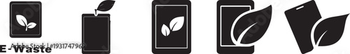 Silhouette of a Generic Tablet being recycled into a Leaf, clean minimalist black shape. Set of 5 eco-friendly icons vector