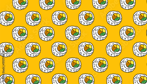 Japanese sushi maki pattern. Seamless ebi nigiri vector. Shrimp roll food illustration. Minimalist hand drawn line. Flat colorful asian cuisine. Repeating seafood textile design. 