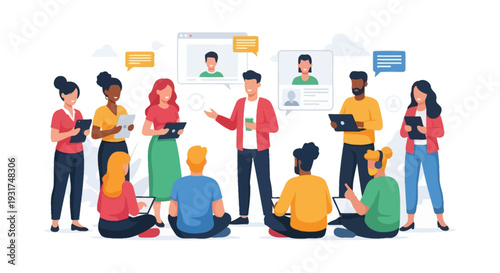 Diverse Team Collaboration and Training Session. Flat Vector of Business People Meeting, Brainstorming, and Sharing Knowledge with Online Chat Icons.