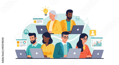 Diverse Team Working on Laptops: Digital Collaboration, Business Strategy, Innovation, and Project Management Flat Vector Illustration.