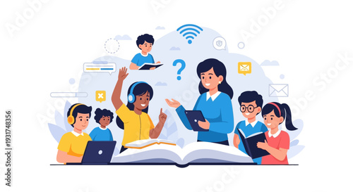 Teacher and Diverse Students in Interactive Blended Learning Classroom. Education, E-learning, and Digital Technology Concept.