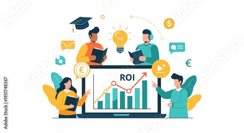 Return on Investment (ROI) Concept. Business team analyzing financial growth, learning strategies, and education value metrics on a laptop chart.