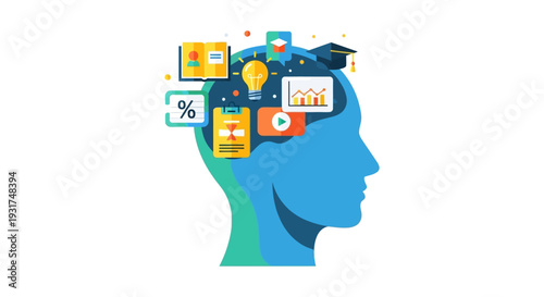 Knowledge and Education Brain: Conceptual Icon Set inside Human Head Profile. Learning, Idea Generation, Data Analysis, and Skill Development.