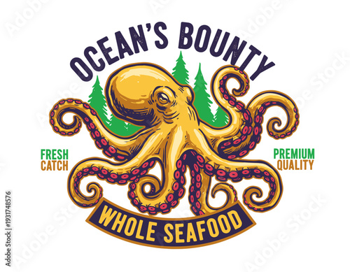Octopus seafood design. Vintage ocean creature artwork. Fresh catch graphic for apparel. Whole seafood restaurant logo. Ocean bounty print design.