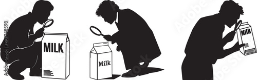 Silhouette of a person using a magnifying glass to look through a generic Milk Carton or product box. Set of 3 milk inspection icons vector