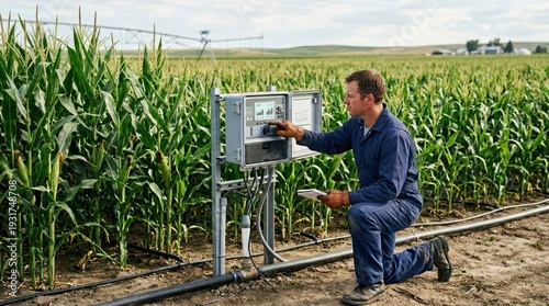 Farmer checks irrigation system in a cornfield.