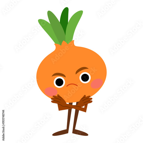 The unhappy onion character stands with crossed arms. Flat vector character isolated on white background. Kawaii mascot for kids books and classroom materials