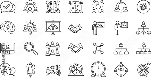 Teamwork and Business Communication Line Icons Set with Collaboration, Leadership, Global Network, Presentation and Goal Achievement Vector Outline Collection
