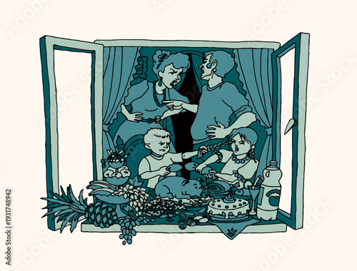 Vector drawing. Unhappy family at home