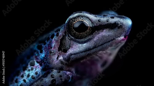 Mesmerizing close-up shot showcasing the vibrant hues and intricate skin patterns of a poison dart frog against darkness