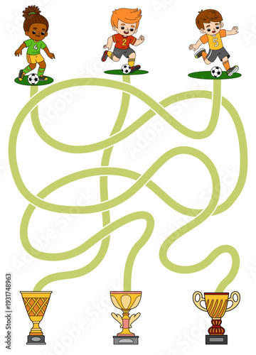 Logic maze game for children. Football player boys with balls search for the way to their trophies. Educational puzzle for kids project and sports worksheets.