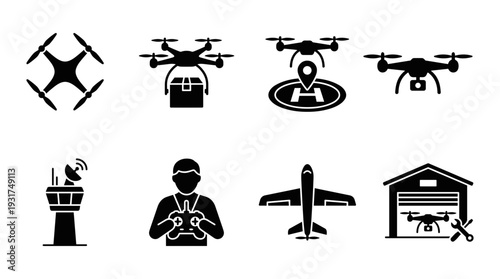 Drone Technology Icons Set: Delivery, Navigation, Pilot, Air Traffic Control, and Maintenance Vector Illustrations