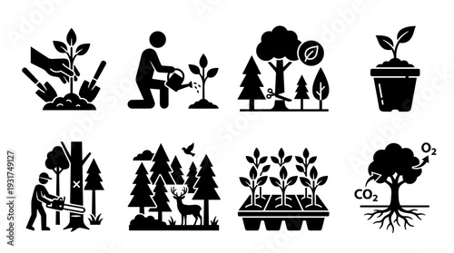Forestry and Reforestation Icons Set: Tree Planting, Ecosystem Protection, Logging, and Environmental Care Vector
