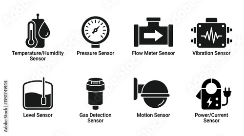 Industrial Sensor Devices Icons Set: Temperature, Pressure, Flow, Vibration, Level, Gas, Motion, and Power Measurement