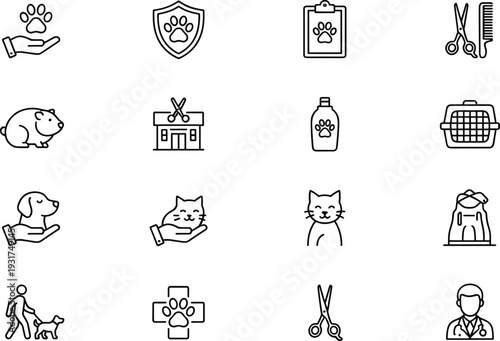 Set of pet care and veterinary line icons including grooming clinic medical and animal services isolated on white background