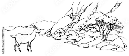 Vector landscape. Tree near a mountains