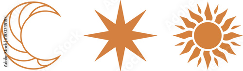 Flat vector icons of moon, sun, and stars in orange for day and night, astrology, weather, and celestial-themed digital design