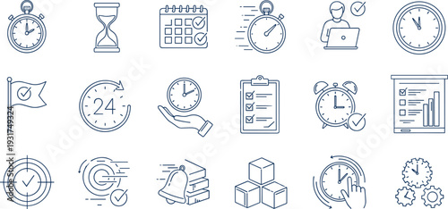 Time Management and Productivity Thin Line Icons Set with Clock Stopwatch Deadline Checklist Target and Scheduling Symbols Vector Collection