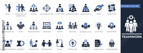 Teamwork icon collection. Business team building, leadership, management, motivation,  Work group, and cooperation and collaboration icons, minimal web icon set. Solid icons collection.