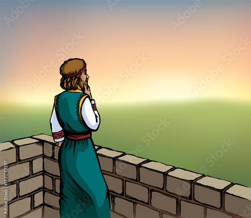 Vector drawing. King David on the roof of palace