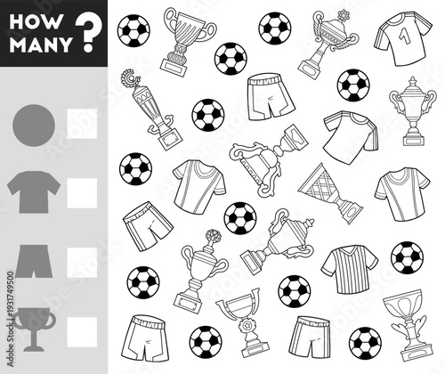 Counting Game for Preschool Children. Educational mathematical game. Count how many football objects and write the result! Fun black and white worksheet for preschool learning and play.