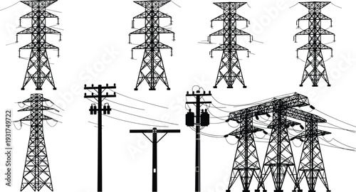 High voltage transmission towers and utility poles silhouettes with overhead power lines isolated on white background electricity infrastructure vector illustration set