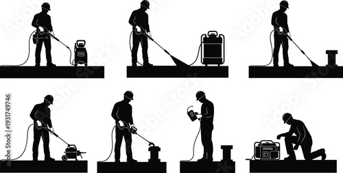 Industrial worker silhouettes operating pressure washer and maintenance equipment for surface cleaning and repair isolated on white background vector illustration set