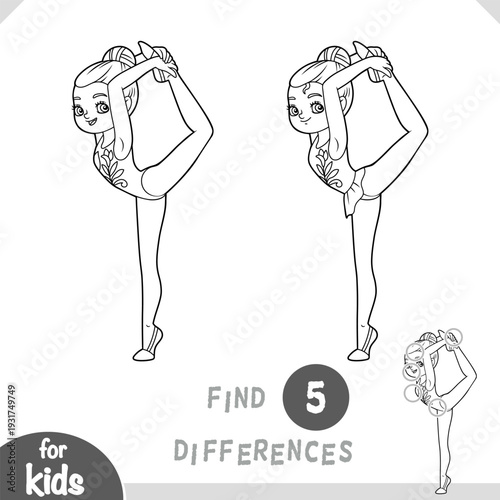 Find differences educational game for children, cute gymnast girl. Black and white outline illustration for coloring pages. Printable worksheet for kids sport clubs
