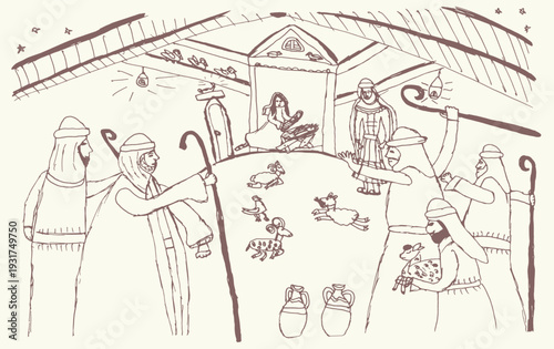 Vector drawing. Men greeting Mary in the barn